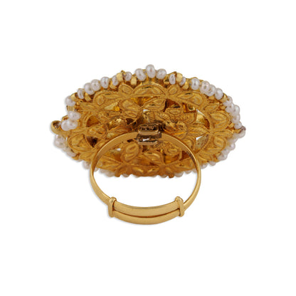 Padmavati Grand Polki Ruby Green Enamel Pearl Chakra Cocktail Ring | Natural Polki & Ruby Meenakari Ring in Yellow Gold | Kala Johare