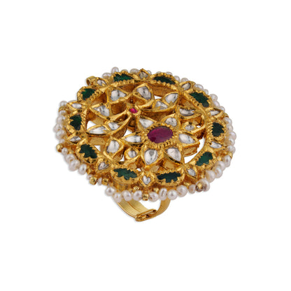 Padmavati Grand Polki Ruby Green Enamel Pearl Chakra Cocktail Ring | Natural Polki & Ruby Meenakari Ring in Yellow Gold | Kala Johare