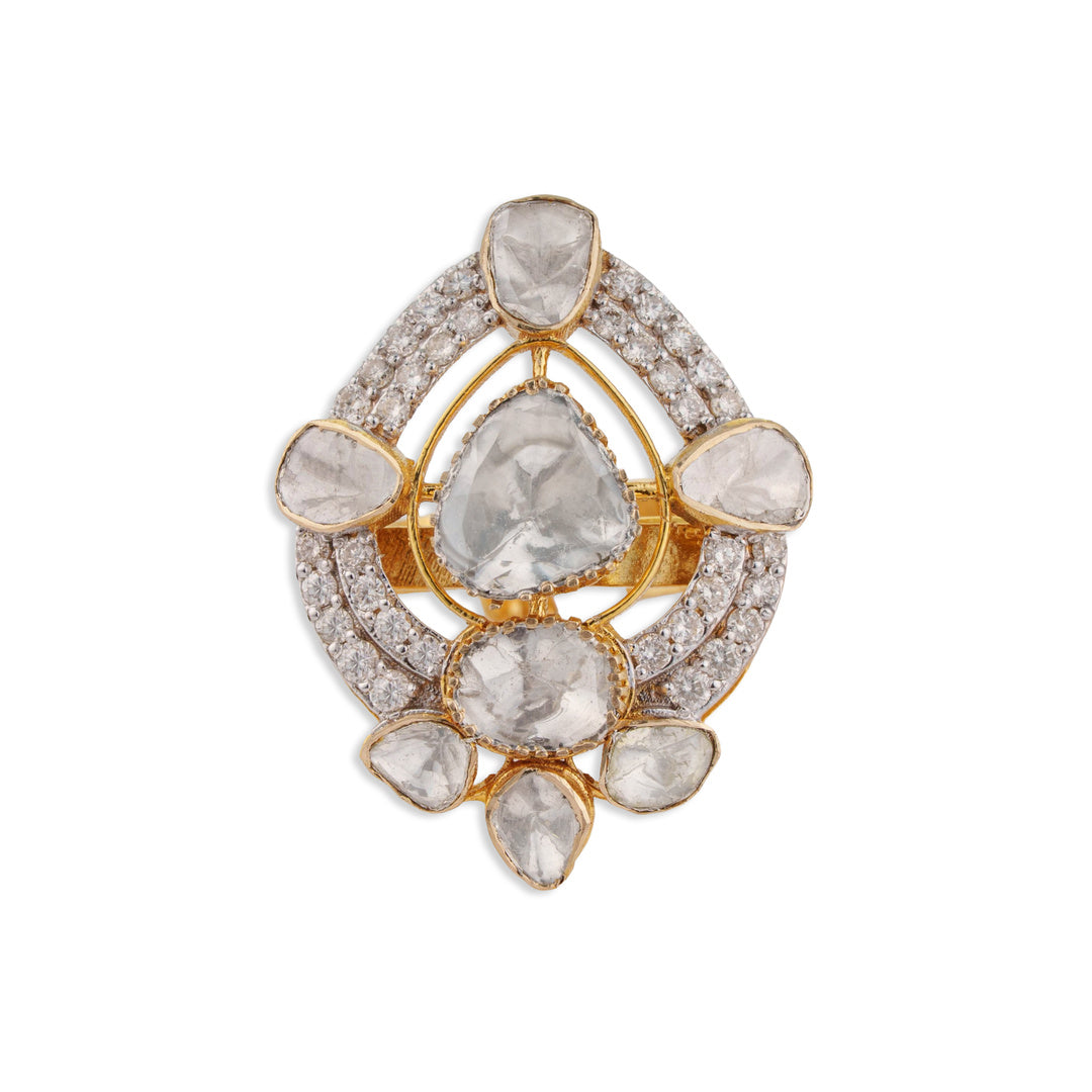 Vajra Grand Multi-Polki Diamond Shield Cocktail Ring | Natural Polki & Diamond Ring in Two-Tone Gold | Kala Johare