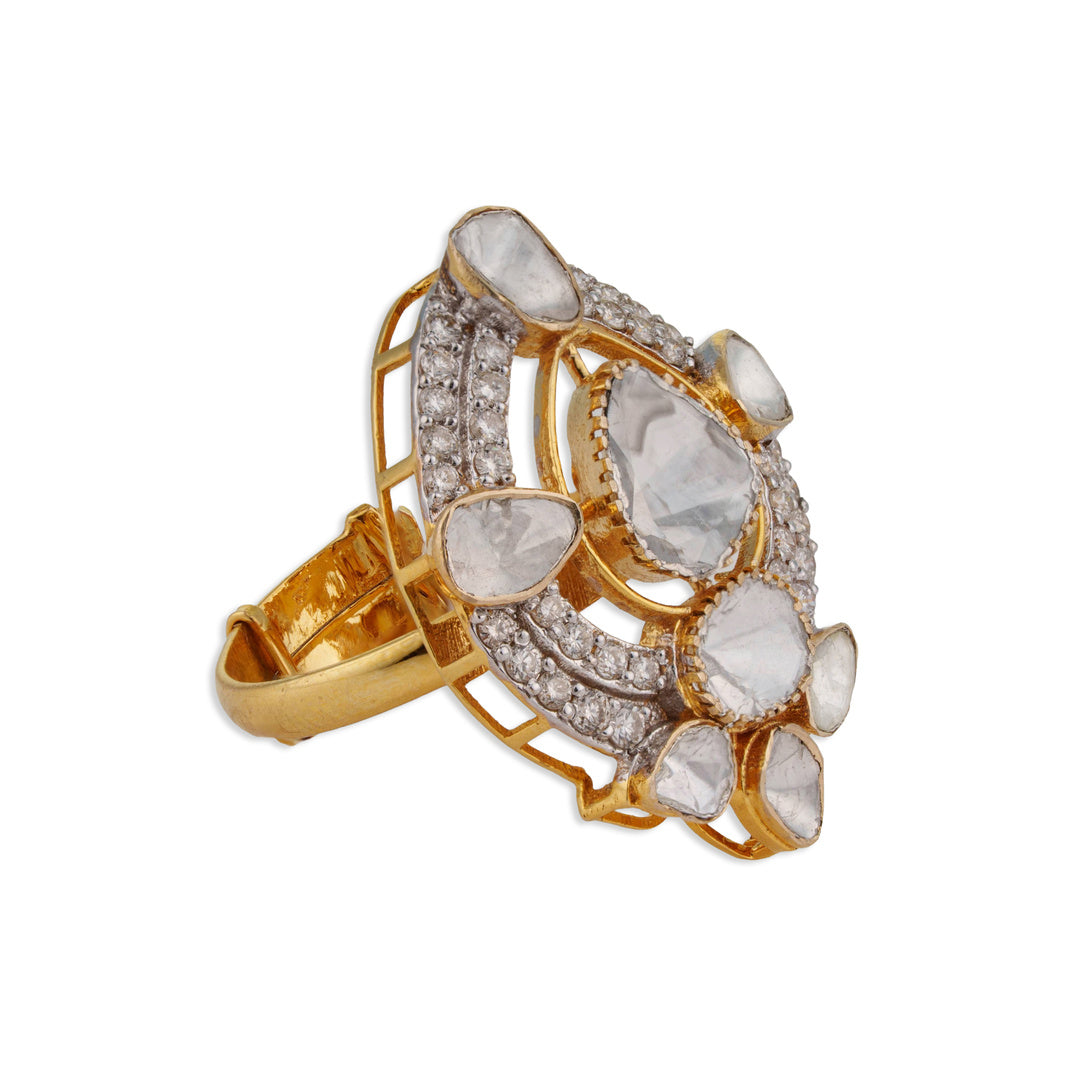 Vajra Grand Multi-Polki Diamond Shield Cocktail Ring | Natural Polki & Diamond Ring in Two-Tone Gold | Kala Johare