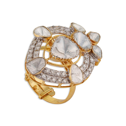 Vajra Grand Multi-Polki Diamond Shield Cocktail Ring | Natural Polki & Diamond Ring in Two-Tone Gold | Kala Johare