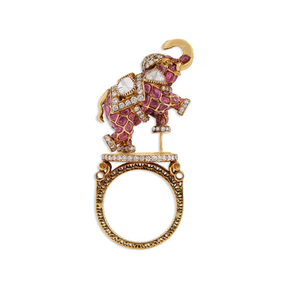 Gajraj Grand Ruby Cushion Diamond Elephant Sculptural Cocktail Ring | Natural Ruby & Diamond 3D Elephant Ring in 22K Gold | Kala Johare
