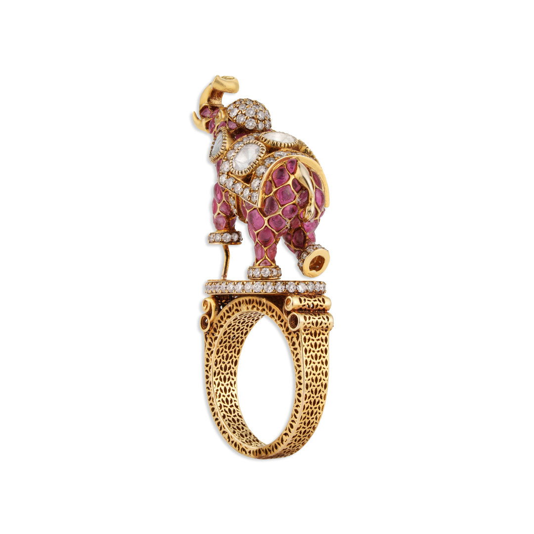 Gajraj Grand Ruby Cushion Diamond Elephant Sculptural Cocktail Ring | Natural Ruby & Diamond 3D Elephant Ring in 22K Gold | Kala Johare
