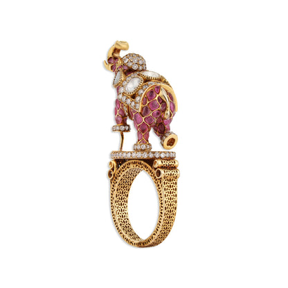 Gajraj Grand Ruby Cushion Diamond Elephant Sculptural Cocktail Ring | Natural Ruby & Diamond 3D Elephant Ring in 22K Gold | Kala Johare