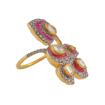 Pankh Grand Polki Kundan Pink Meenakari Multi-Petal Leaf Cluster Cocktail Ring | Natural Polki & Diamond Ring in Two-Tone Gold | Kala Johare