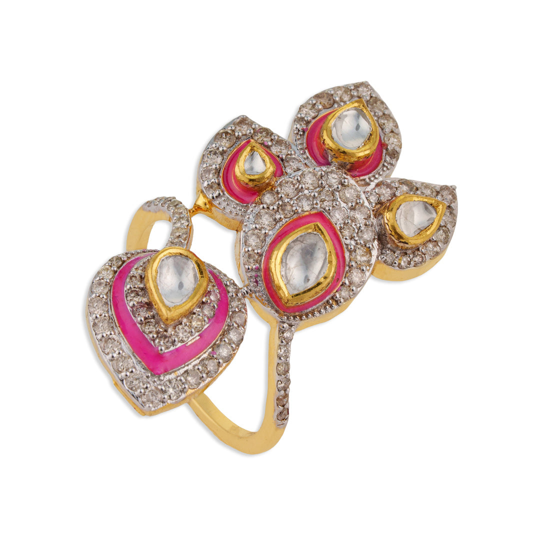 Pankh Grand Polki Kundan Pink Meenakari Multi-Petal Leaf Cluster Cocktail Ring | Natural Polki & Diamond Ring in Two-Tone Gold | Kala Johare
