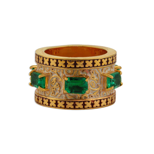 Zumurrud Triple Emerald White Enamel Mughal Scroll Wide Band Ring | Natural Emerald & Meenakari Yellow Gold Ring | Kala Johare