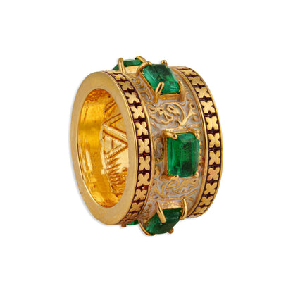Zumurrud Triple Emerald White Enamel Mughal Scroll Wide Band Ring | Natural Emerald & Meenakari Yellow Gold Ring | Kala Johare