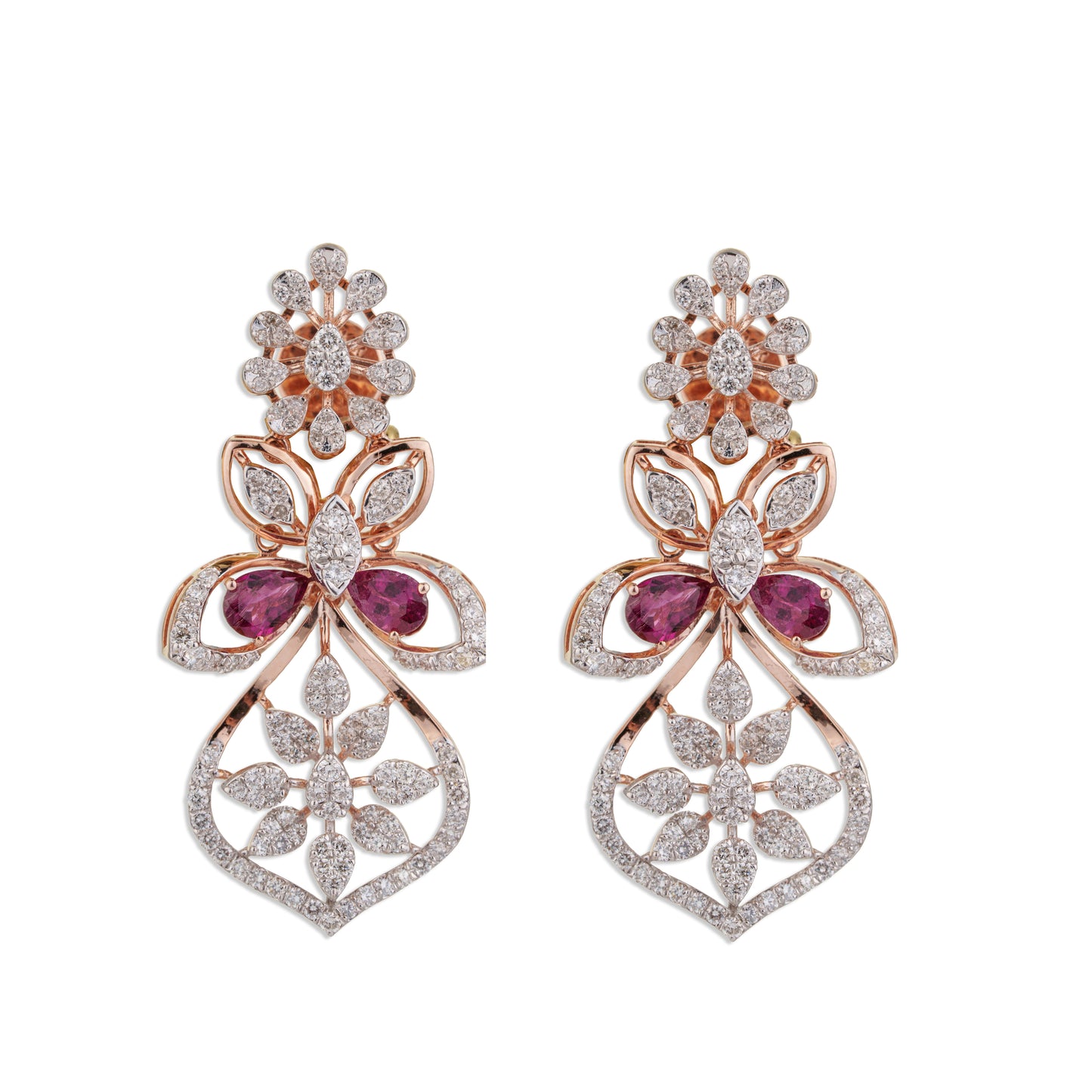 Titli Grand Ruby Pear Diamond Butterfly Flower Chandelier Earrings | Natural Ruby & Diamond Bridal Earrings in Rose Gold | Kala Johare