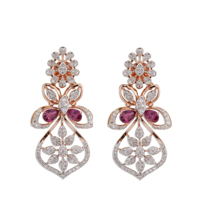 Titli Grand Ruby Pear Diamond Butterfly Flower Chandelier Earrings | Natural Ruby & Diamond Bridal Earrings in Rose Gold | Kala Johare