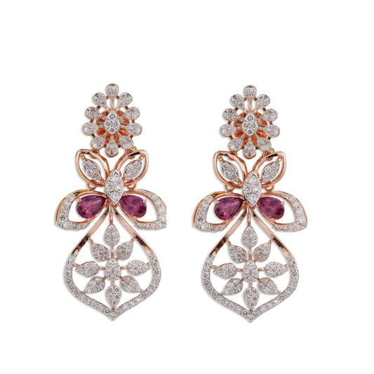 Titli Grand Ruby Pear Diamond Butterfly Flower Chandelier Earrings | Natural Ruby & Diamond Bridal Earrings in Rose Gold | Kala Johare
