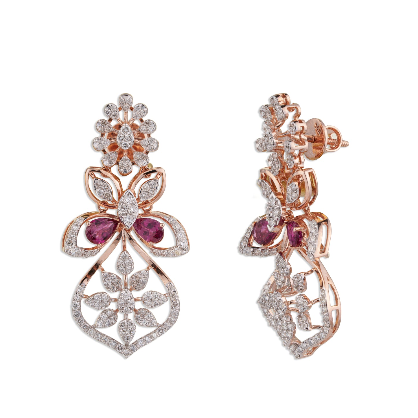 Titli Grand Ruby Pear Diamond Butterfly Flower Chandelier Earrings | Natural Ruby & Diamond Bridal Earrings in Rose Gold | Kala Johare