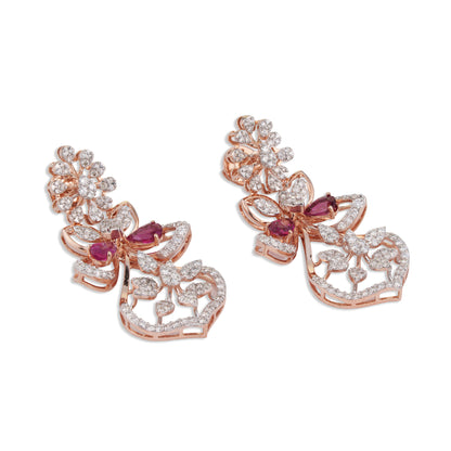 Titli Grand Ruby Pear Diamond Butterfly Flower Chandelier Earrings | Natural Ruby & Diamond Bridal Earrings in Rose Gold | Kala Johare