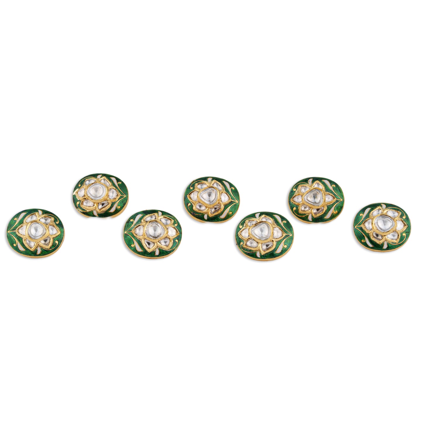 Hariyali Polki Kundan Green Meenakari Round Lotus Button Set | Natural Polki Diamond Bridal Buttons in 22K Gold | Kala Johare