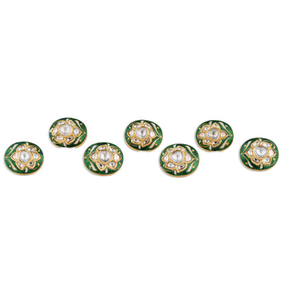 Hariyali Polki Kundan Green Meenakari Round Lotus Button Set | Natural Polki Diamond Bridal Buttons in 22K Gold | Kala Johare