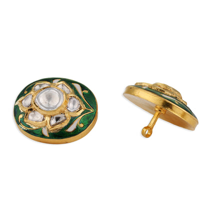 Hariyali Polki Kundan Green Meenakari Round Lotus Button Set | Natural Polki Diamond Bridal Buttons in 22K Gold | Kala Johare
