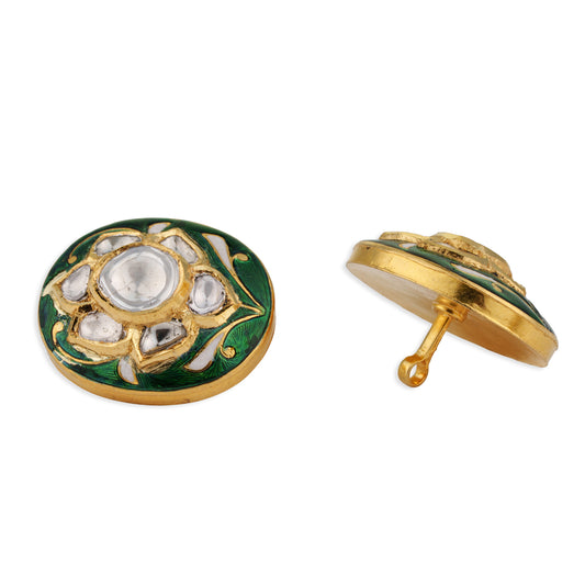 Hariyali Polki Kundan Green Meenakari Round Lotus Button Set | Natural Polki Diamond Bridal Buttons in 22K Gold | Kala Johare