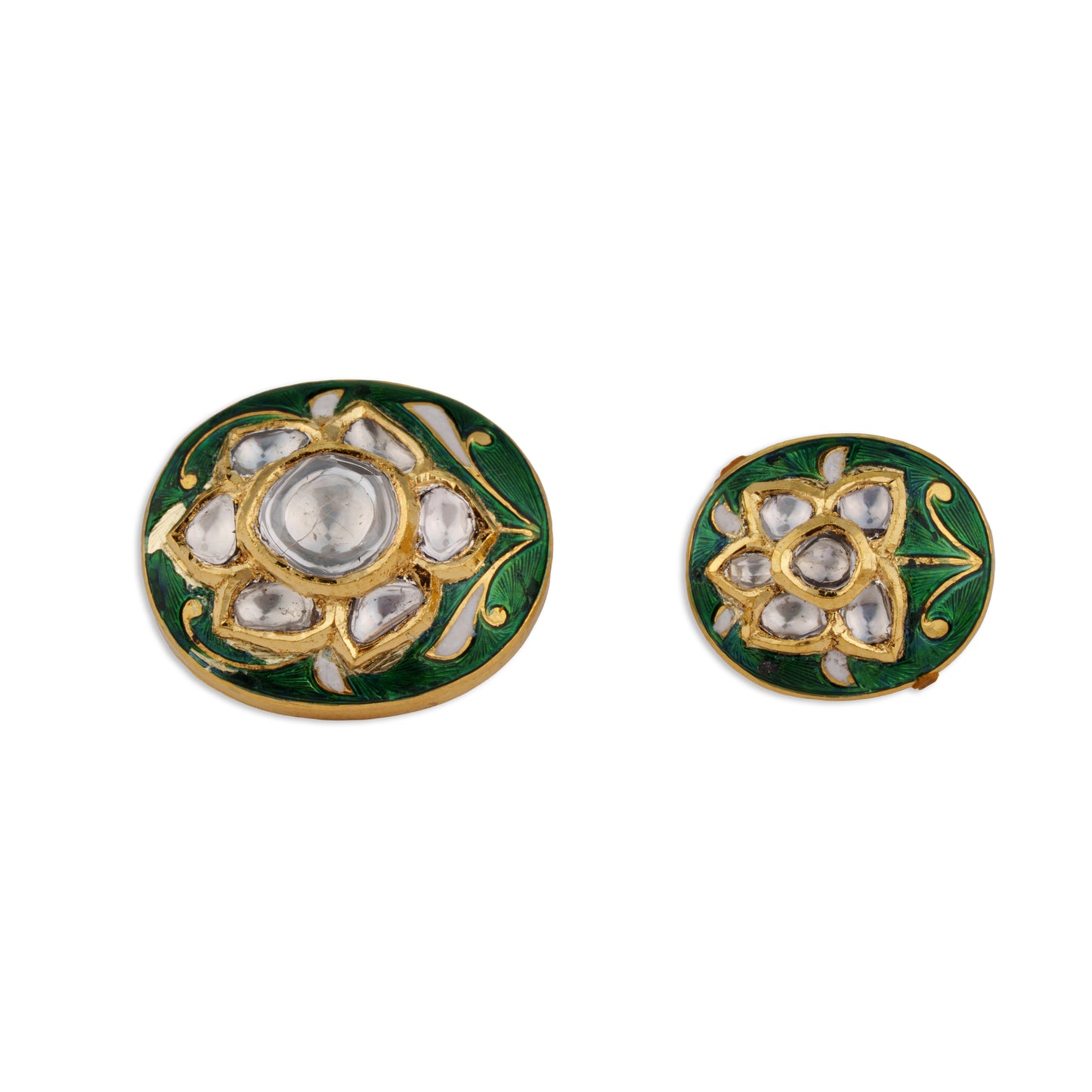 Hariyali Polki Kundan Green Meenakari Round Lotus Button Set | Natural Polki Diamond Bridal Buttons in 22K Gold | Kala Johare