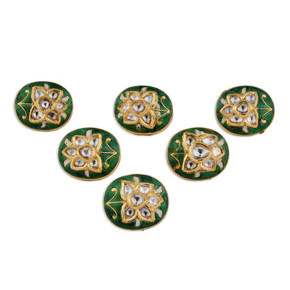Hariyali Polki Kundan Green Meenakari Round Lotus Button Set | Natural Polki Diamond Bridal Buttons in 22K Gold | Kala Johare