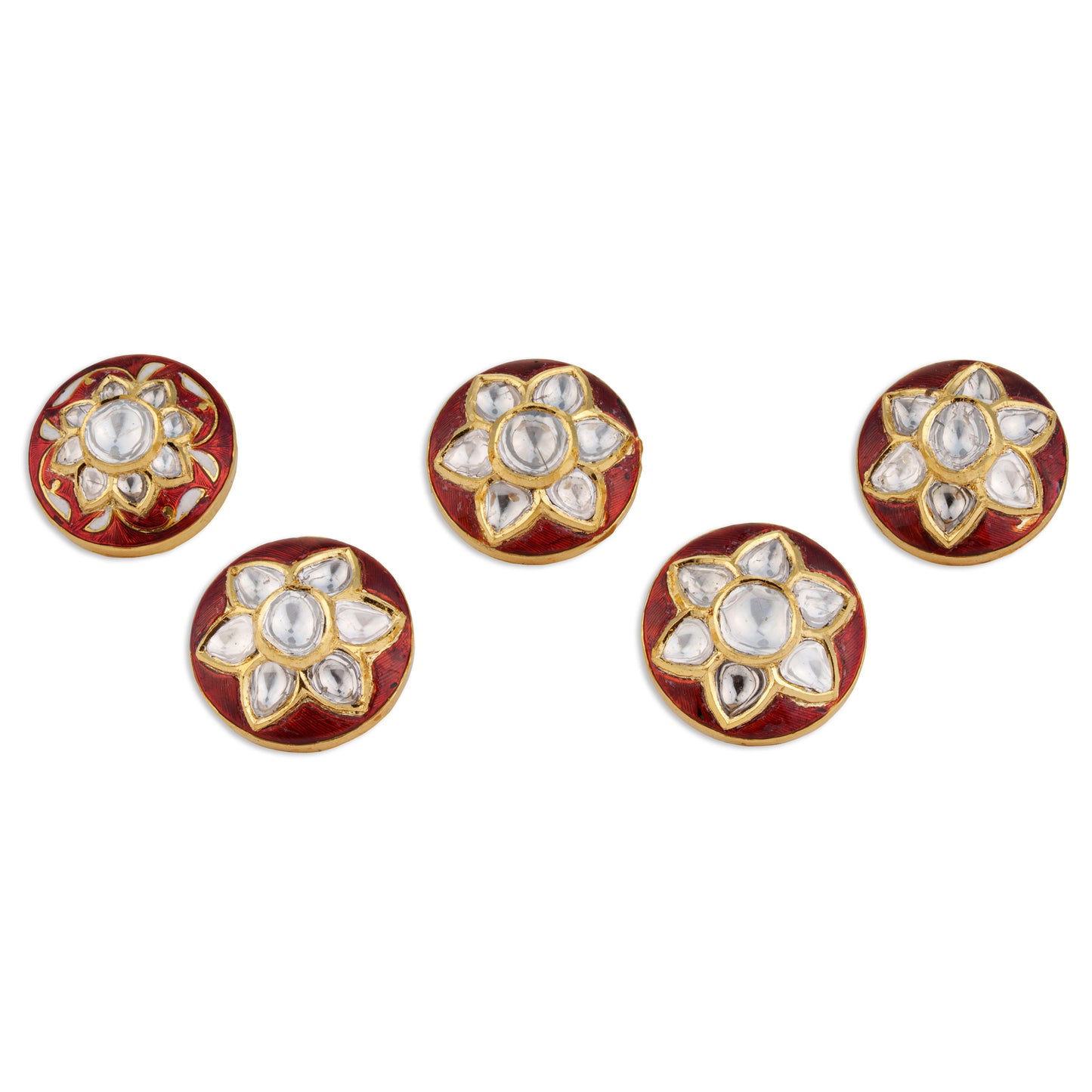 Kamala Polki Kundan Red Meenakari Lotus Button Set | Natural Polki Diamond Bridal Buttons in 22K Gold | Kala Johare