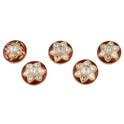 Kamala Polki Kundan Red Meenakari Lotus Button Set | Natural Polki Diamond Bridal Buttons in 22K Gold | Kala Johare