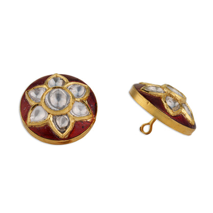 Kamala Polki Kundan Red Meenakari Lotus Button Set | Natural Polki Diamond Bridal Buttons in 22K Gold | Kala Johare