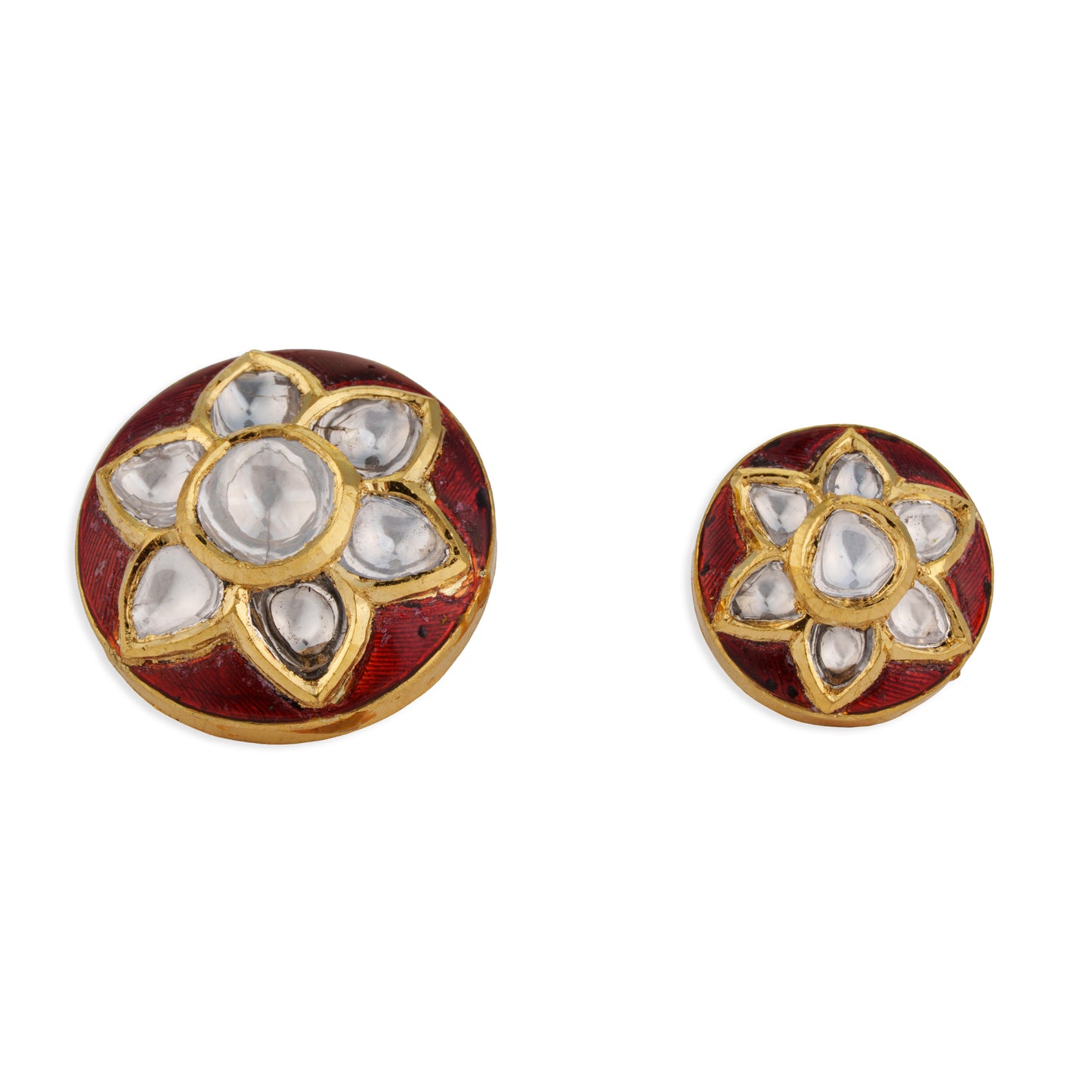 Kamala Polki Kundan Red Meenakari Lotus Button Set | Natural Polki Diamond Bridal Buttons in 22K Gold | Kala Johare