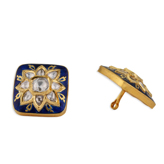 Neela Polki Kundan Blue Meenakari Square Star Flower Button Set | Natural Polki Diamond Bridal Buttons in 22K Gold | Kala Johare
