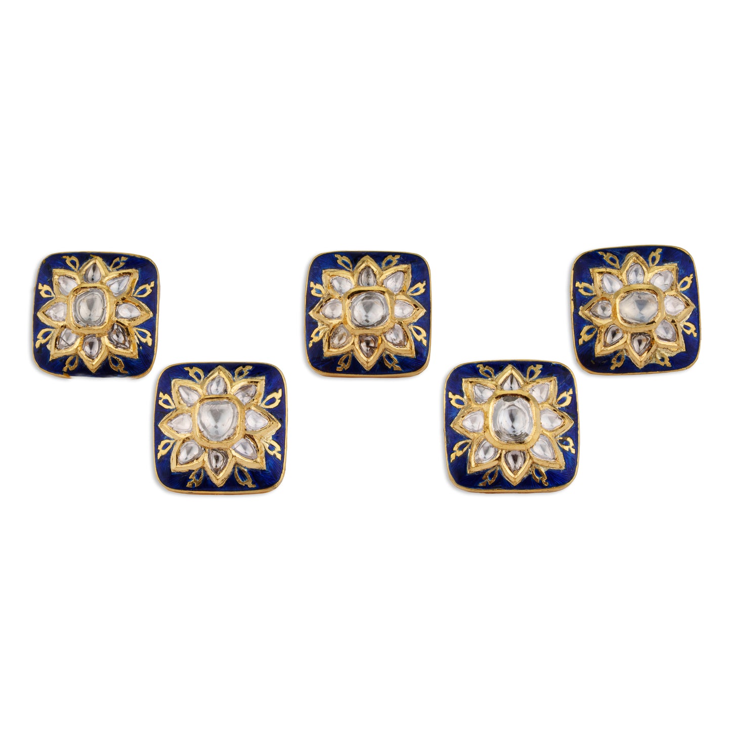 Neela Polki Kundan Blue Meenakari Square Star Flower Button Set | Natural Polki Diamond Bridal Buttons in 22K Gold | Kala Johare
