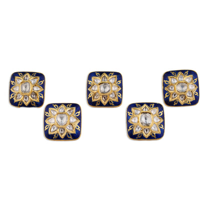 Neela Polki Kundan Blue Meenakari Square Star Flower Button Set | Natural Polki Diamond Bridal Buttons in 22K Gold | Kala Johare