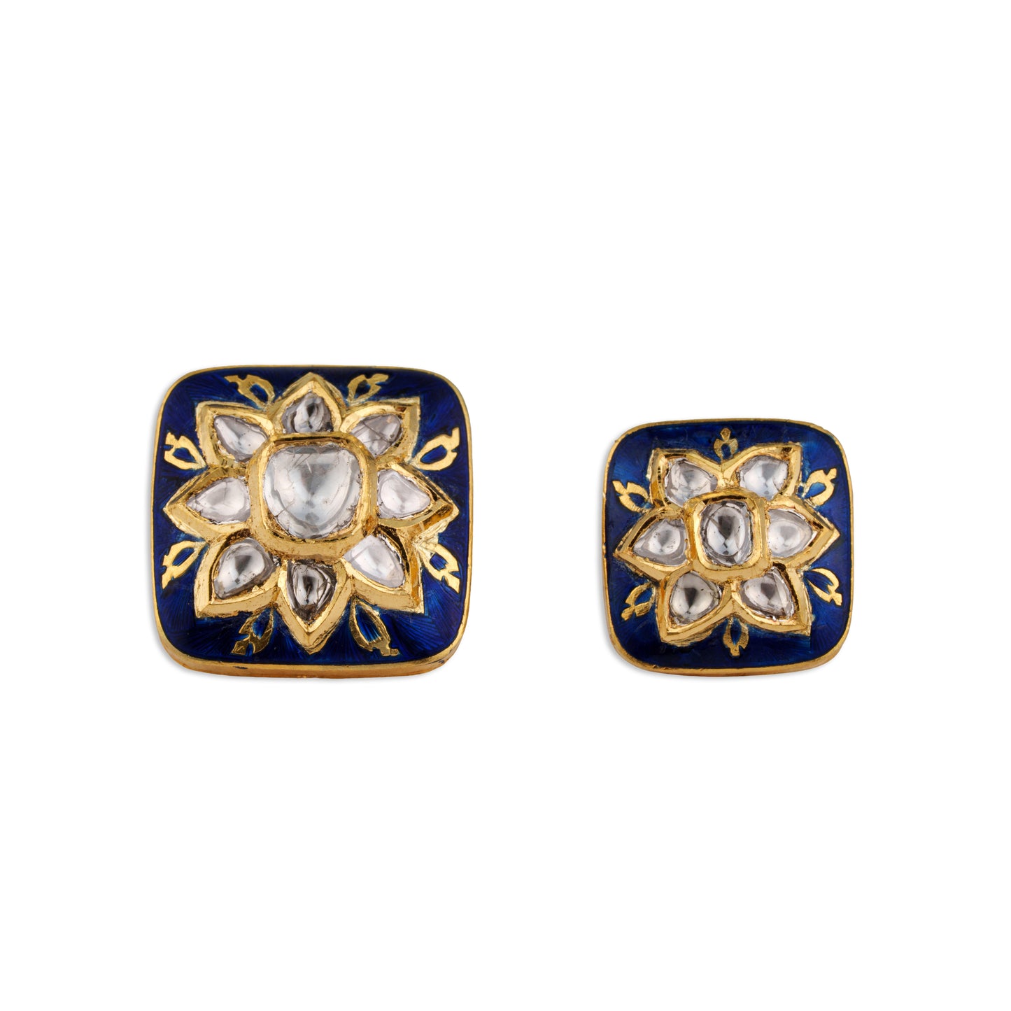 Neela Polki Kundan Blue Meenakari Square Star Flower Button Set | Natural Polki Diamond Bridal Buttons in 22K Gold | Kala Johare