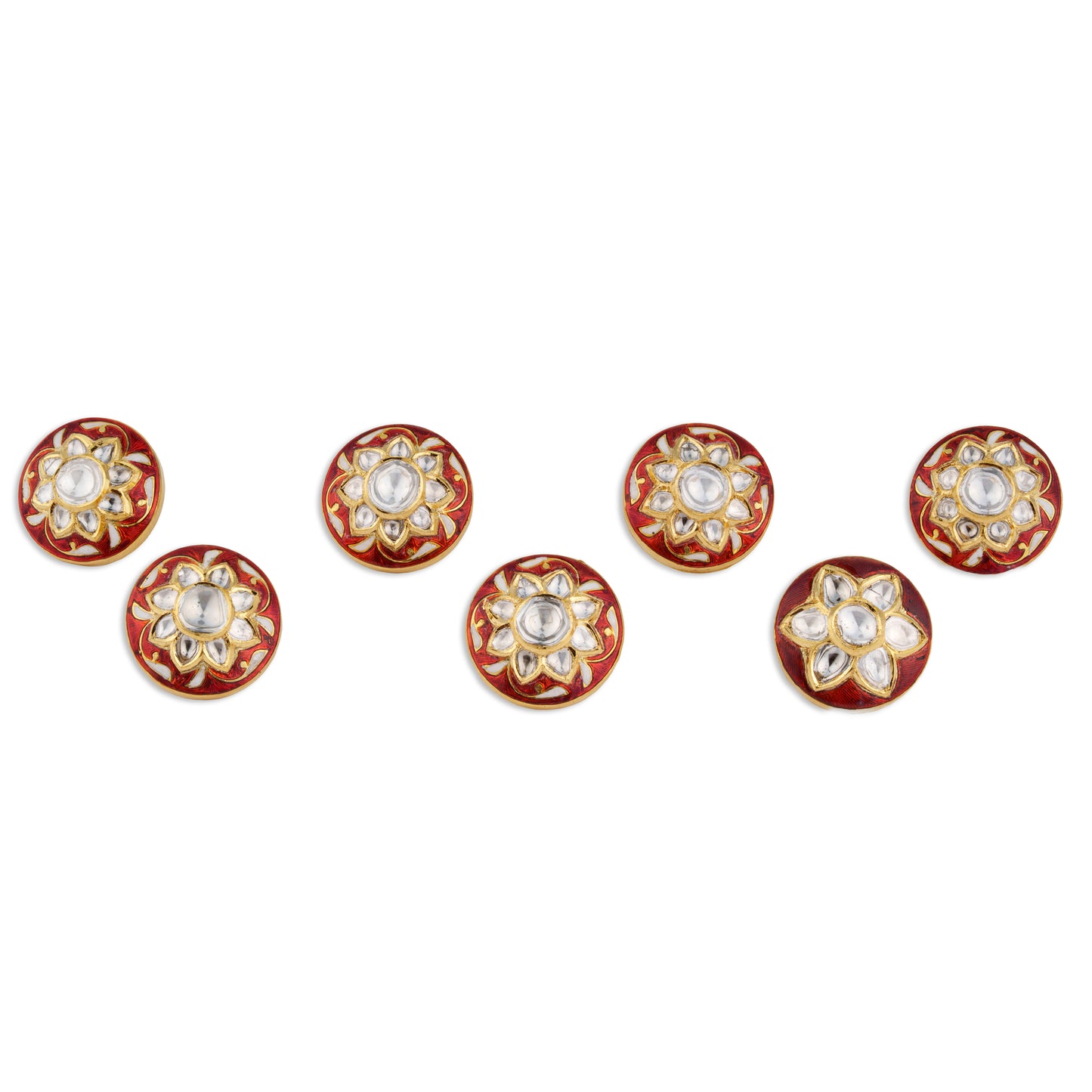 Kamala Polki Kundan Red Meenakari Lotus Button Set | Natural Polki Diamond Bridal Buttons in 22K Gold | Kala Johare
