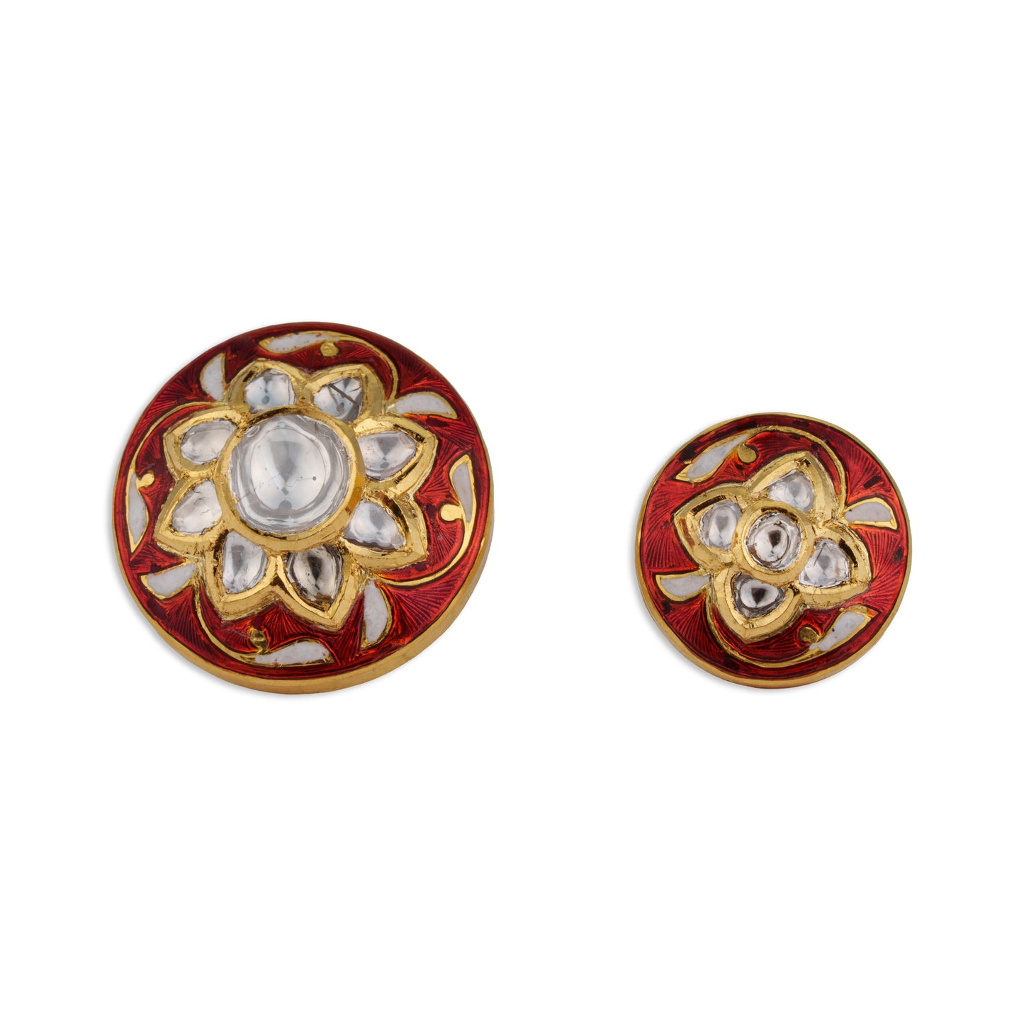 Kamala Polki Kundan Red Meenakari Lotus Button Set | Natural Polki Diamond Bridal Buttons in 22K Gold | Kala Johare