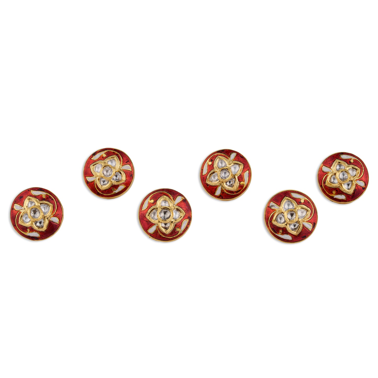 Kamala Polki Kundan Red Meenakari Lotus Button Set | Natural Polki Diamond Bridal Buttons in 22K Gold | Kala Johare