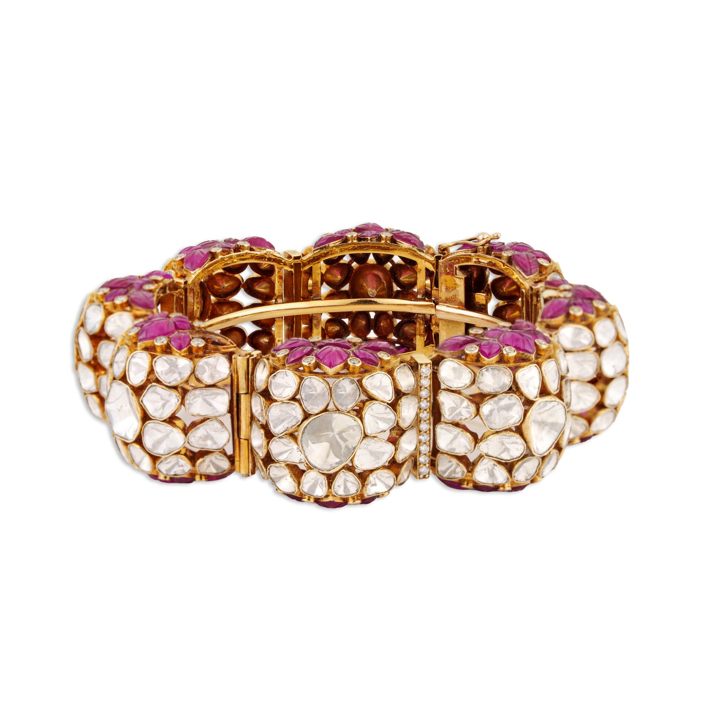 Gulshan Grand Polki Diamond Carved Ruby Flower Dome Bangle | Natural Polki & Carved Ruby Diamond Bridal Bangle in 22K Gold | Kala Johare