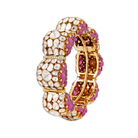 Gulshan Grand Polki Diamond Carved Ruby Flower Dome Bangle | Natural Polki & Carved Ruby Diamond Bridal Bangle in 22K Gold | Kala Johare