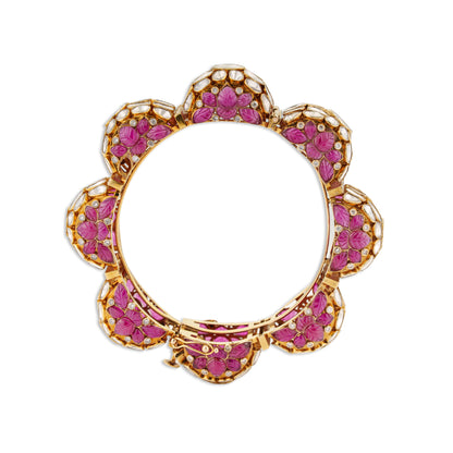 Gulshan Grand Polki Diamond Carved Ruby Flower Dome Bangle | Natural Polki & Carved Ruby Diamond Bridal Bangle in 22K Gold | Kala Johare