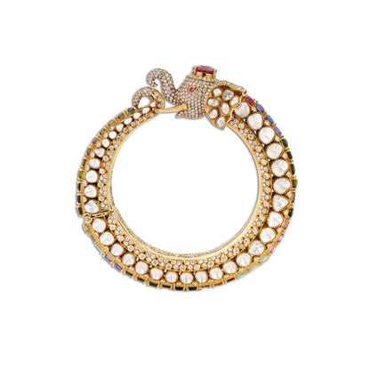 Hamsa Grand Polki Rainbow Tourmaline Navratna Swan Bangle | Natural Polki & Rainbow Tourmaline Diamond Bridal Bangle in 18K Gold | Kala Johare