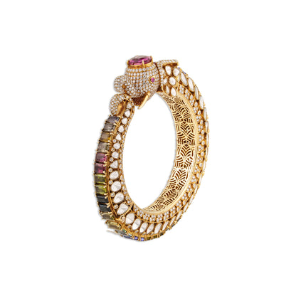 Hamsa Grand Polki Rainbow Tourmaline Navratna Swan Bangle | Natural Polki & Rainbow Tourmaline Diamond Bridal Bangle in 18K Gold | Kala Johare