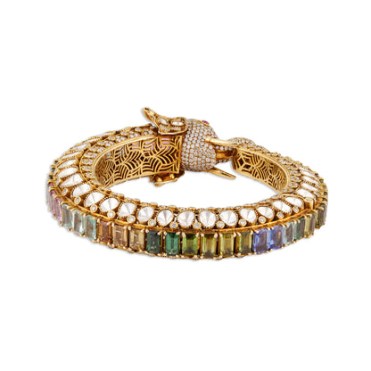 Hamsa Grand Polki Rainbow Tourmaline Navratna Swan Bangle | Natural Polki & Rainbow Tourmaline Diamond Bridal Bangle in 18K Gold | Kala Johare