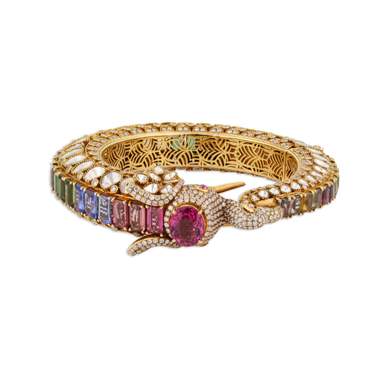 Hamsa Grand Polki Rainbow Tourmaline Navratna Swan Bangle | Natural Polki & Rainbow Tourmaline Diamond Bridal Bangle in 18K Gold | Kala Johare
