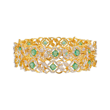 Zamarrud Grand Emerald Square Diamond Open Lattice Bangle Set | Natural Emerald & Diamond Bridal Bangles in Two-Tone Gold | Kala Johare