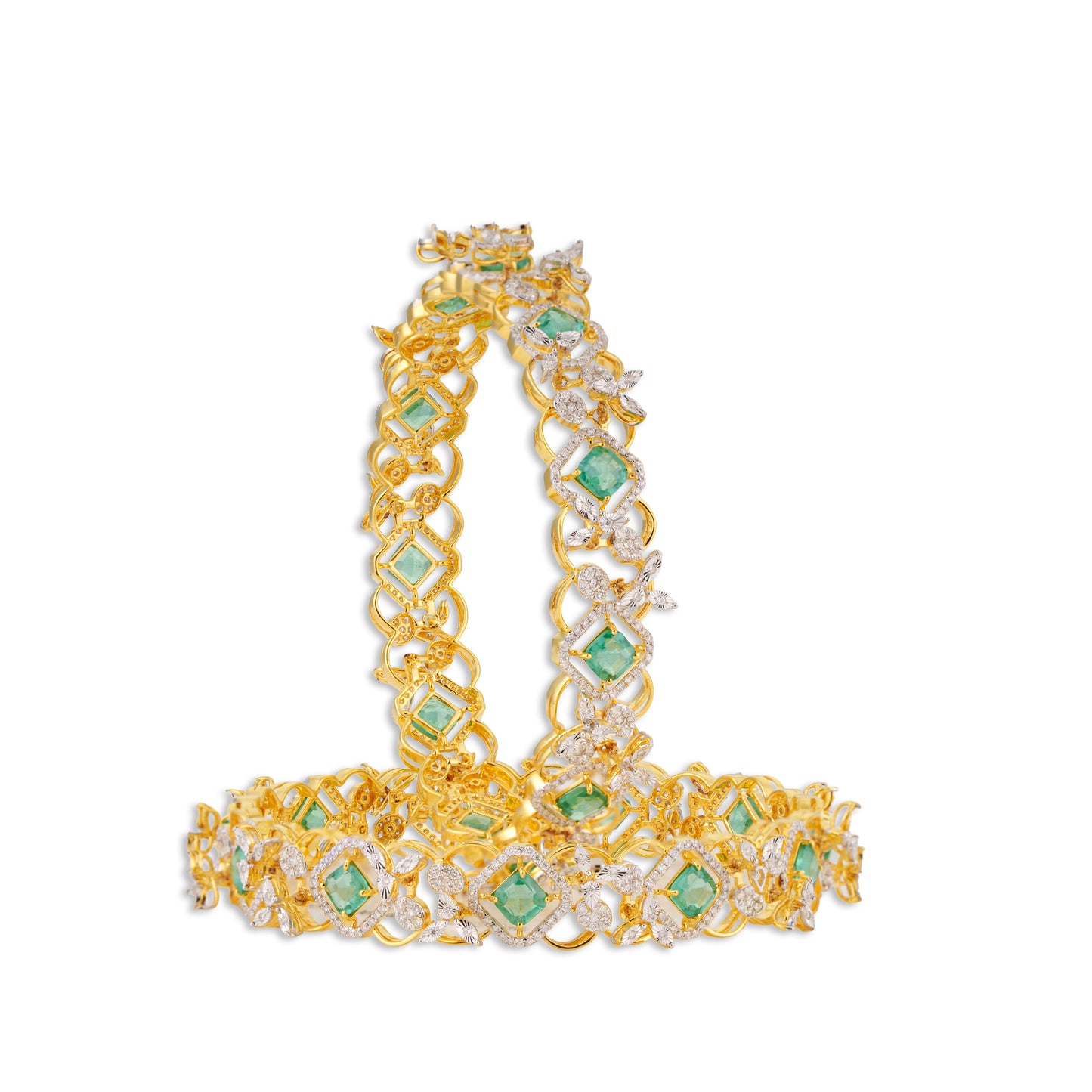 Zamarrud Grand Emerald Square Diamond Open Lattice Bangle Set | Natural Emerald & Diamond Bridal Bangles in Two-Tone Gold | Kala Johare