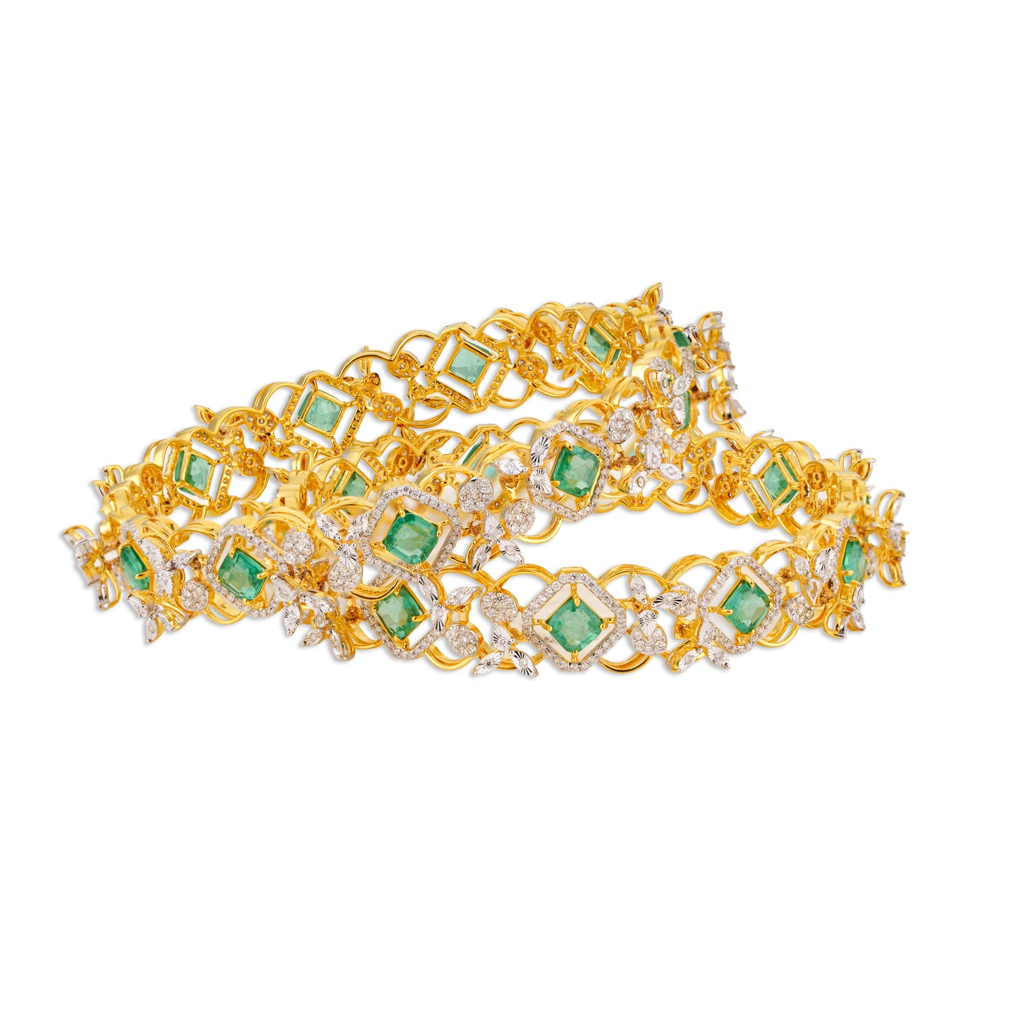 Zamarrud Grand Emerald Square Diamond Open Lattice Bangle Set | Natural Emerald & Diamond Bridal Bangles in Two-Tone Gold | Kala Johare