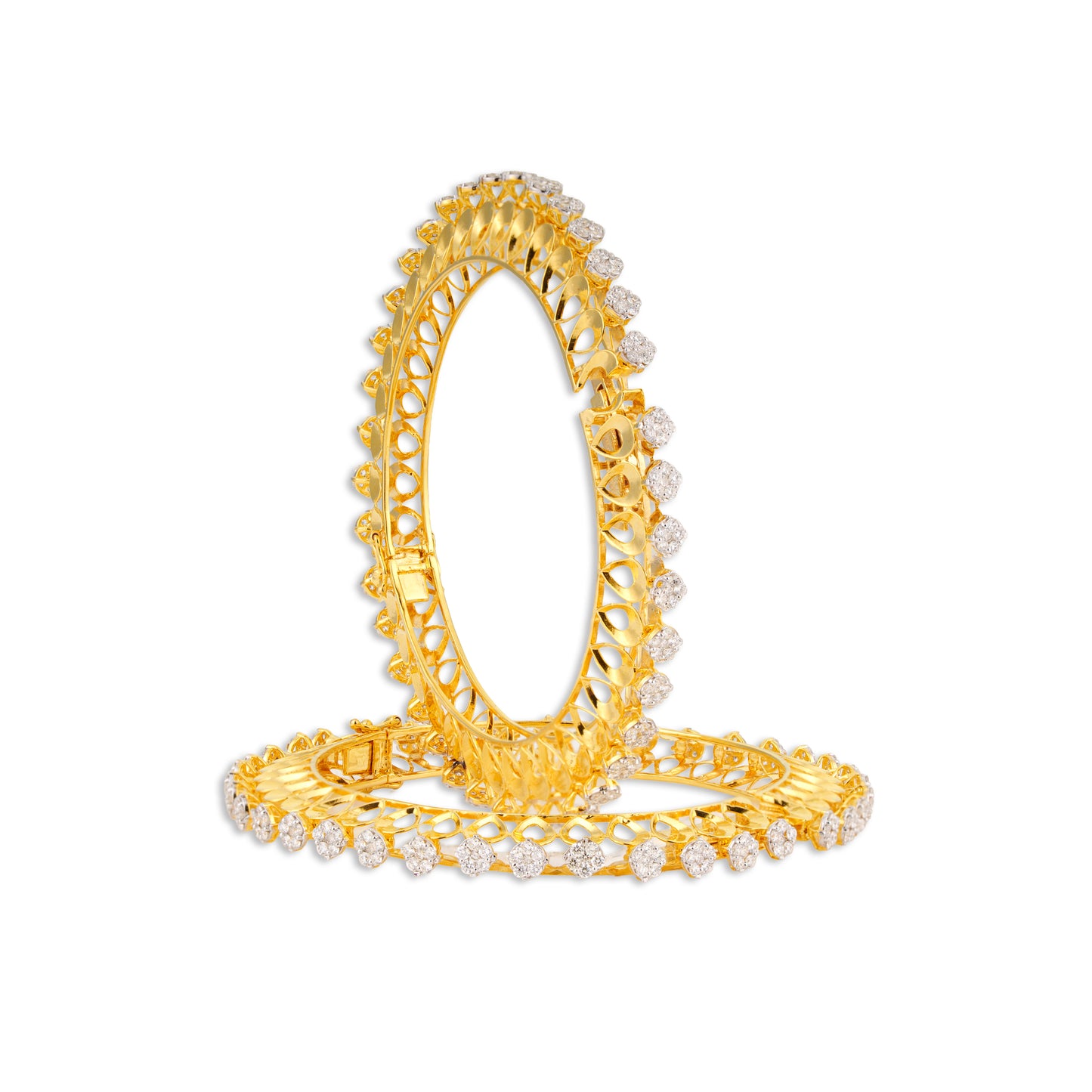 Phool Grand Diamond Cluster Flower Open Lattice Bangle Set | Natural Diamond Bridal Bangles in 18K Yellow Gold | Kala Johare