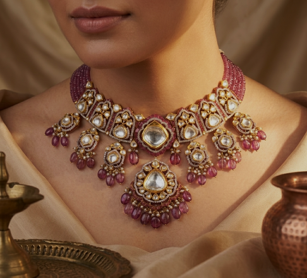 Taabir Polki Choker – Jaipur Polki & Diamond Bridal Collar | Pearl Choker Necklace