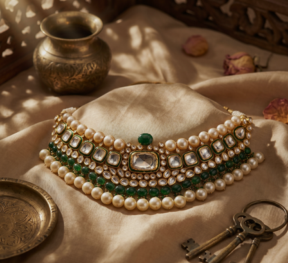 Traditional Kundan Pearl Choker Necklace with Emerald Green Accents – Luxury Bridal Wedding Jewellery | Kala Johare Rajasthan