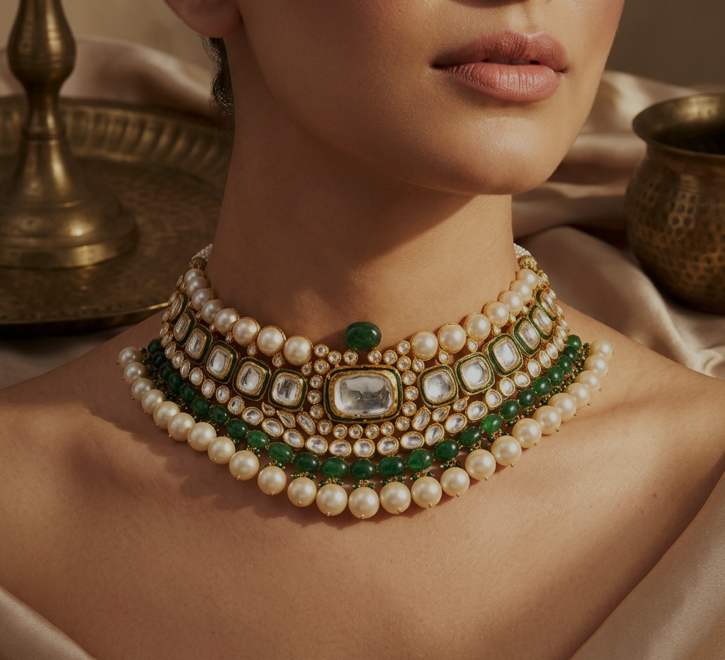 Traditional Kundan Pearl Choker Necklace with Emerald Green Accents – Luxury Bridal Wedding Jewellery | Kala Johare Rajasthan