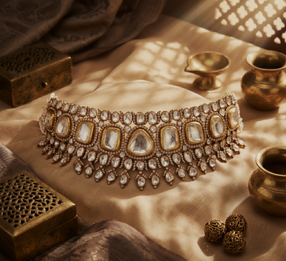 Vilayati Polki Choker – 14K Gold Jaipur Polki Diamond Jewellery | Rajasthan Royal Bridal Statement Necklace