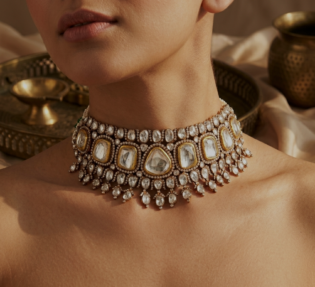 Vilayati Polki Choker – 14K Gold Jaipur Polki Diamond Jewellery | Rajasthan Royal Bridal Statement Necklace